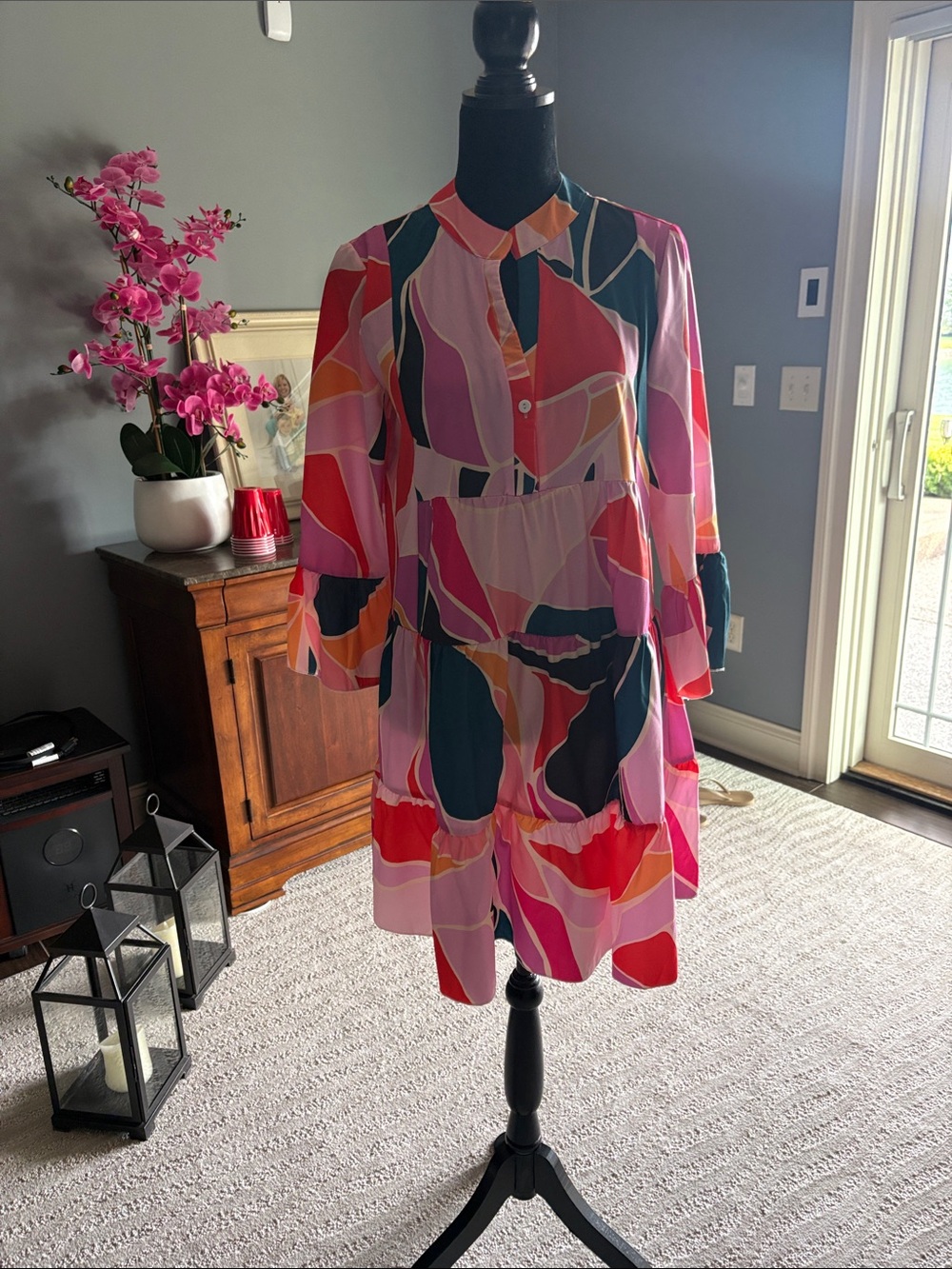 Abstract Pink Multicolor Tiered Mini Dress
